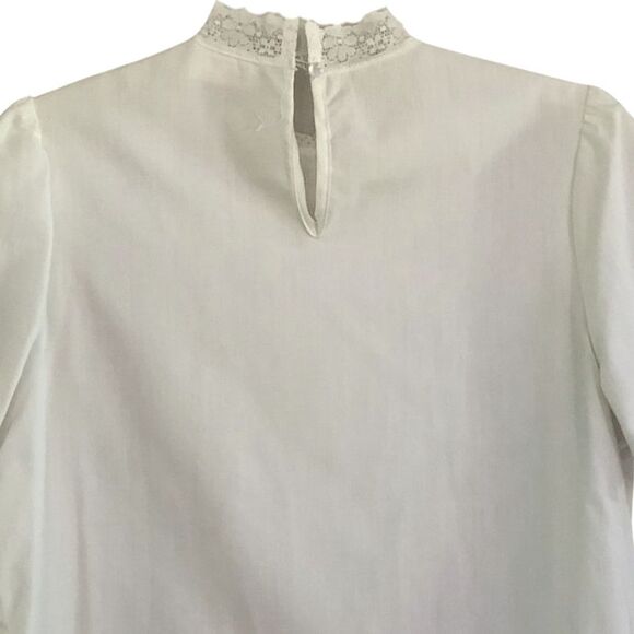 White Lace Victorian Blouse Womens M VTG High Neck Lace Detail Short Puff Sleeve - Picture 6 of 12